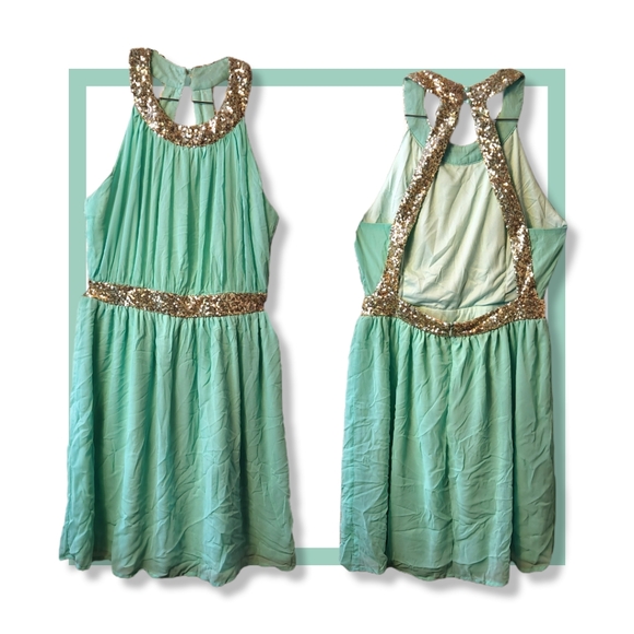 🥂 Mint Gold Sequin Halter Mini Party Dress L ✨ - Picture 2 of 8